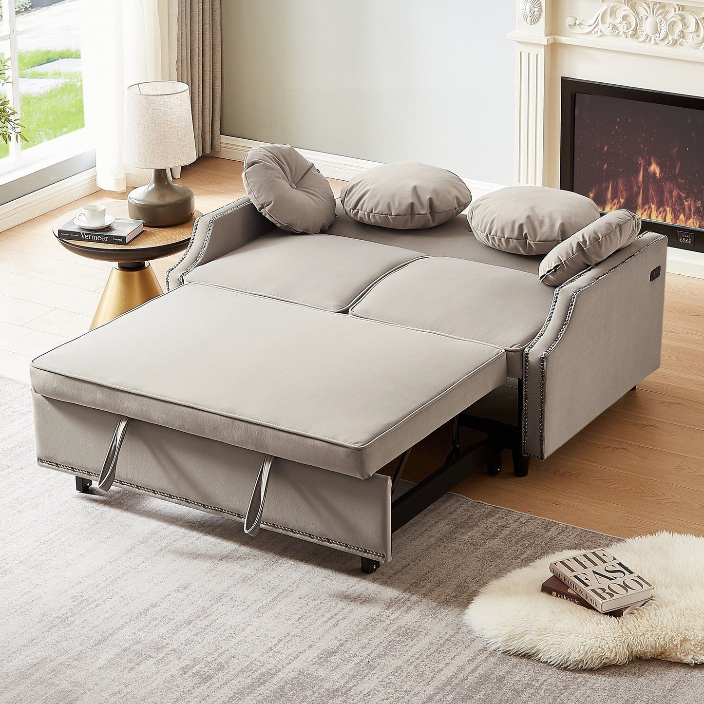 Divano letto regolabile in poliestere Coffee 54.7 con due porte USB e quattro cuscini lombari floreali