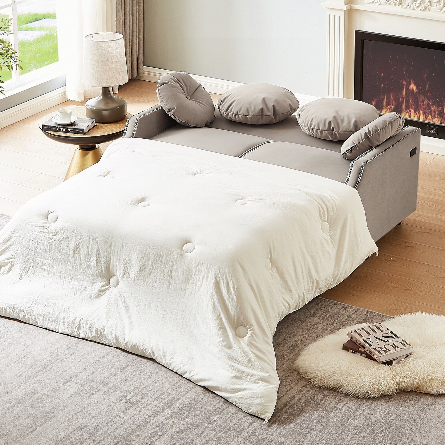 Divano letto regolabile in poliestere Coffee 54.7 con due porte USB e quattro cuscini lombari floreali