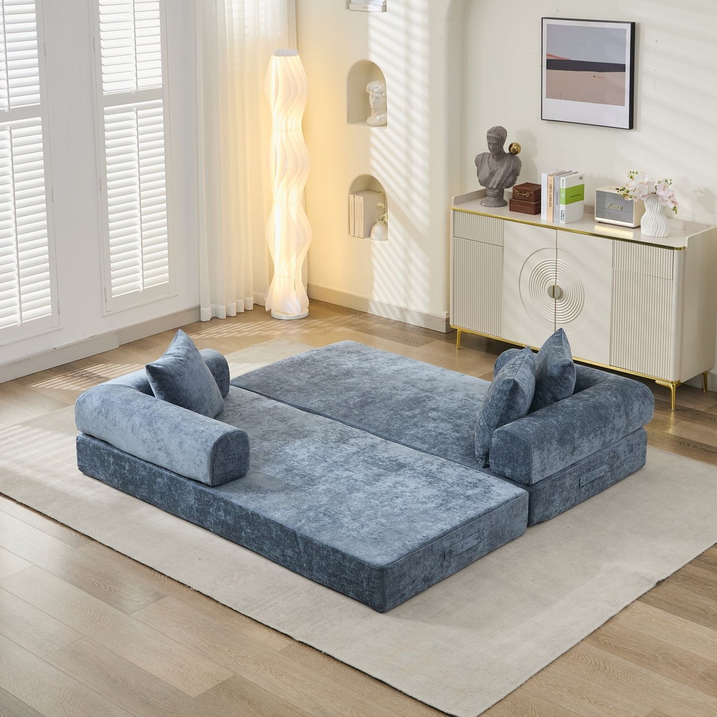 Comodo divano letto pieghevole trasformabile, divano letto da terra, divano da terra in ciniglia con braccioli, divano da terra
