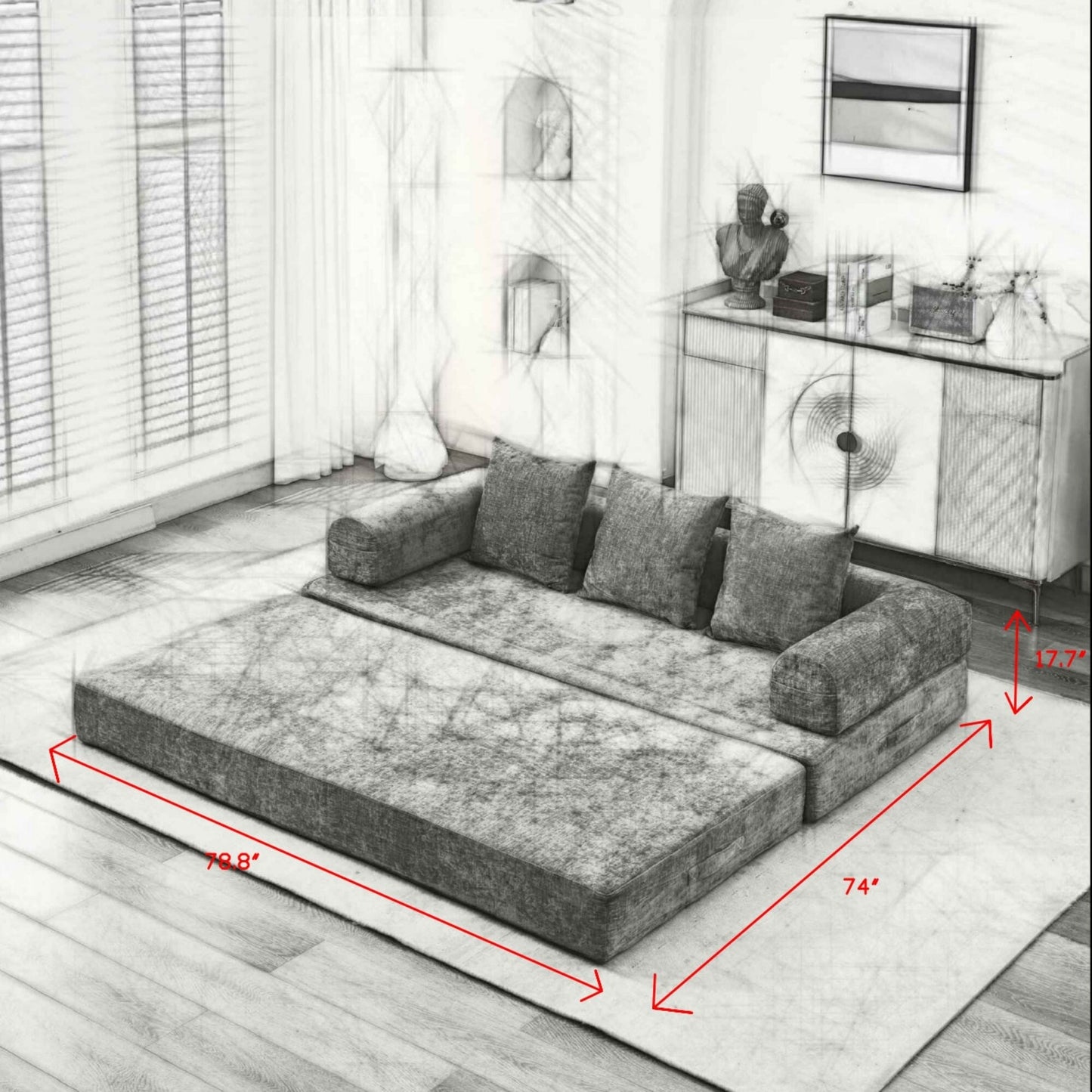 Comodo divano letto pieghevole trasformabile, divano letto da terra, divano da terra in ciniglia con braccioli, divano da terra