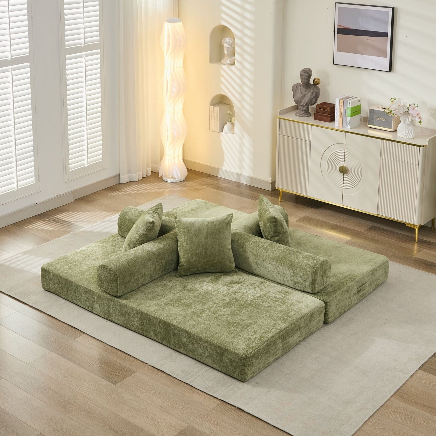 Comodo divano letto pieghevole trasformabile, divano letto da terra, divano da terra in ciniglia con braccioli, divano da terra