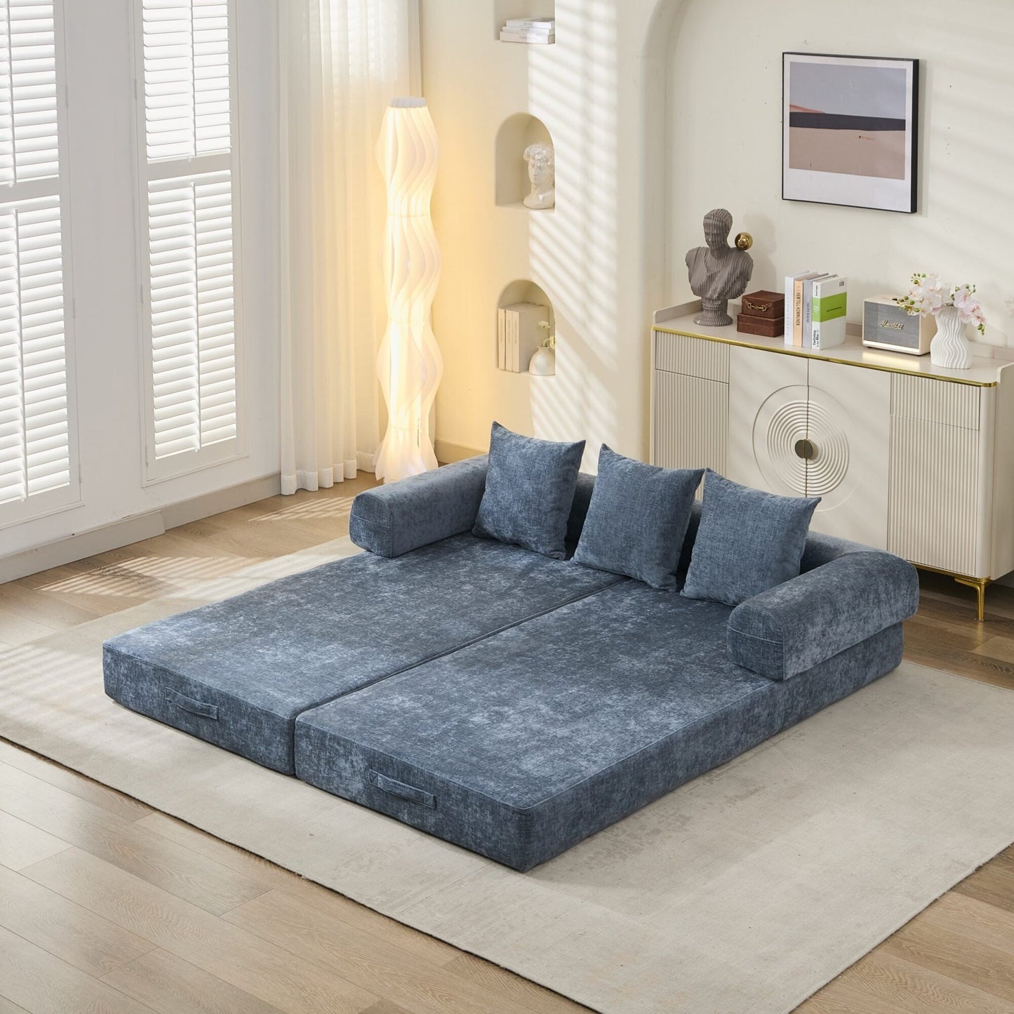 Comodo divano letto pieghevole trasformabile, divano letto da terra, divano da terra in ciniglia con braccioli, divano da terra