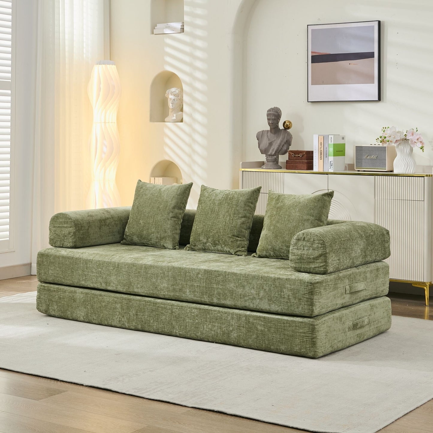 Comodo divano letto pieghevole trasformabile, divano letto da terra, divano da terra in ciniglia con braccioli, divano da terra