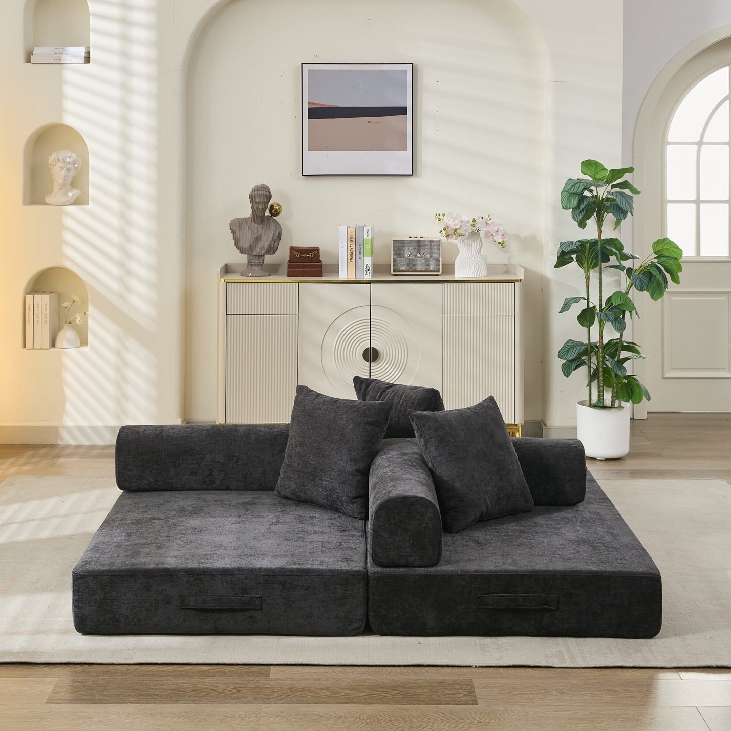 Comodo divano letto pieghevole trasformabile, divano letto da terra, divano da terra in ciniglia con braccioli, divano da terra