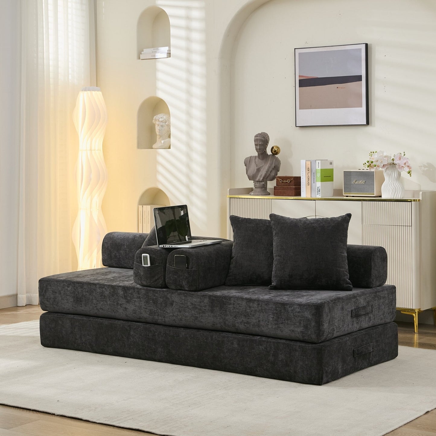 Comodo divano letto pieghevole trasformabile, divano letto da terra, divano da terra in ciniglia con braccioli, divano da terra