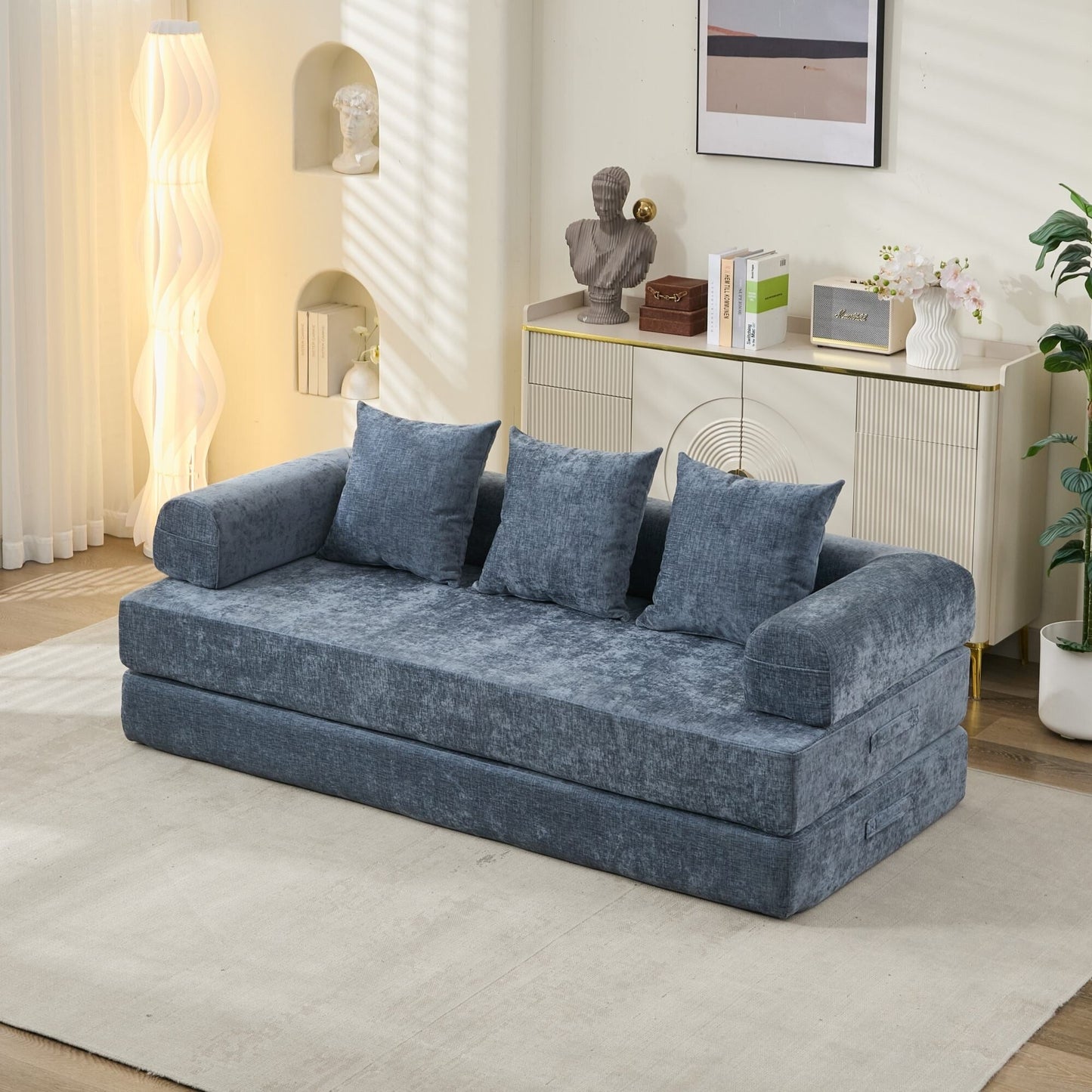 Comodo divano letto pieghevole trasformabile, divano letto da terra, divano da terra in ciniglia con braccioli, divano da terra