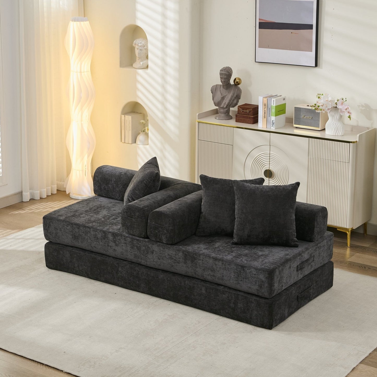 Comodo divano letto pieghevole trasformabile, divano letto da terra, divano da terra in ciniglia con braccioli, divano da terra
