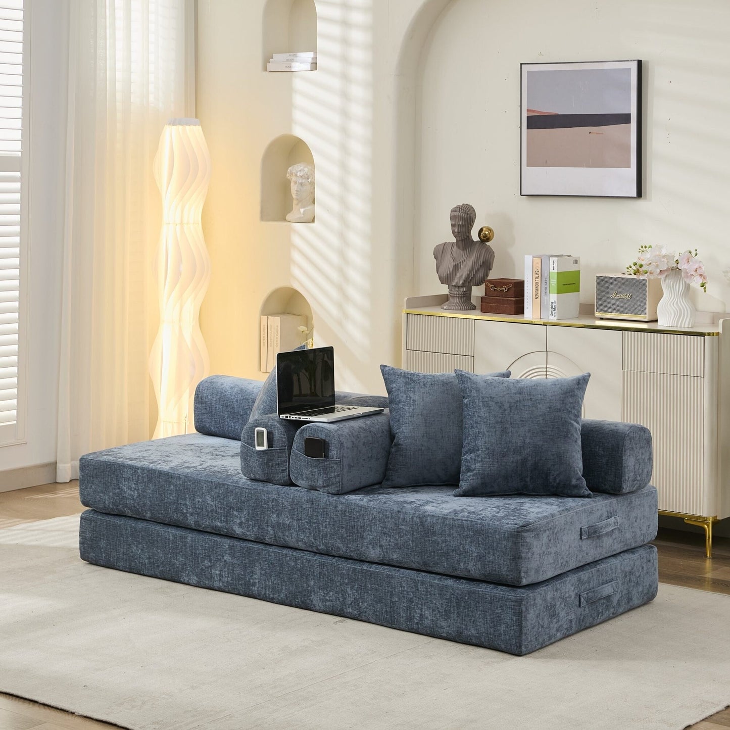 Comodo divano letto pieghevole trasformabile, divano letto da terra, divano da terra in ciniglia con braccioli, divano da terra