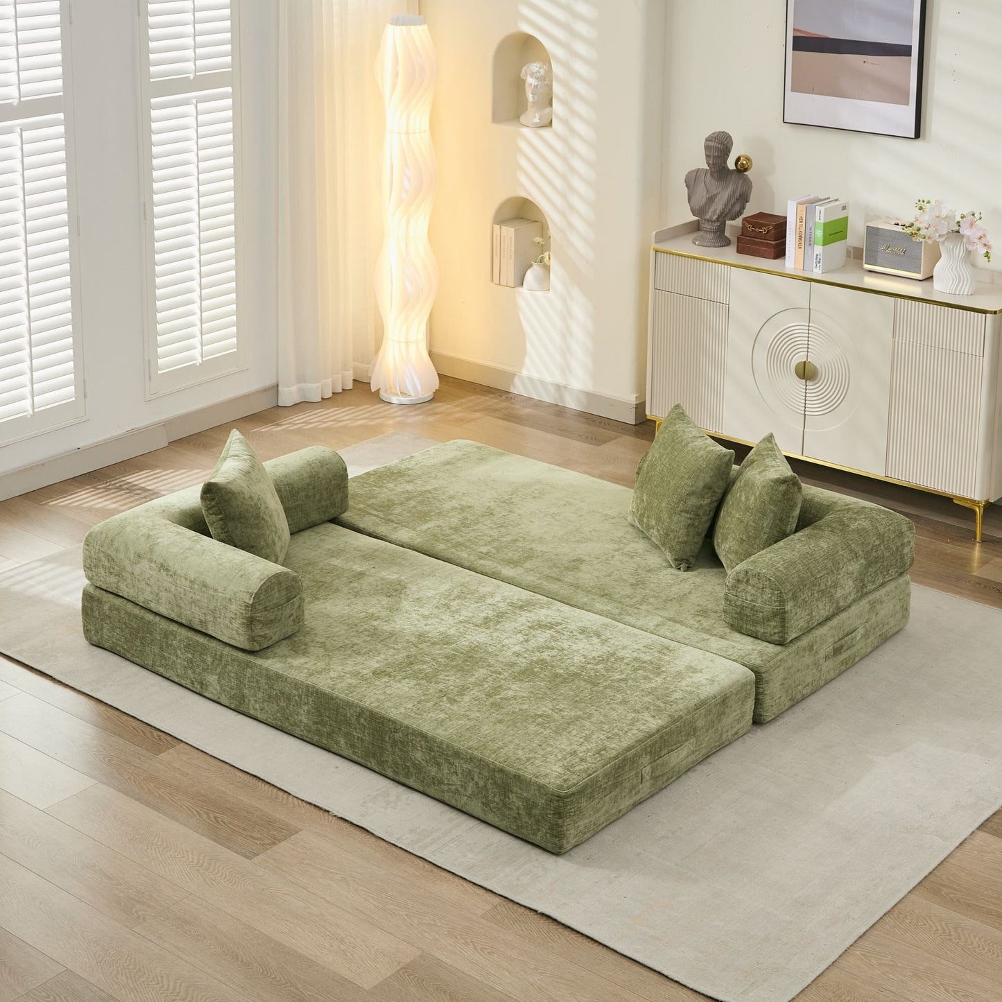 Comodo divano letto pieghevole trasformabile, divano letto da terra, divano da terra in ciniglia con braccioli, divano da terra