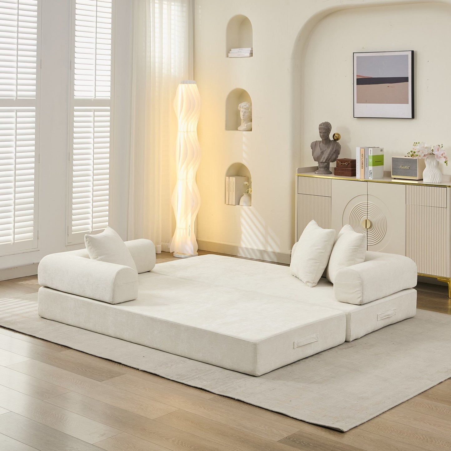 Comodo divano letto pieghevole trasformabile, divano letto da terra, divano da terra in ciniglia con braccioli, divano da terra