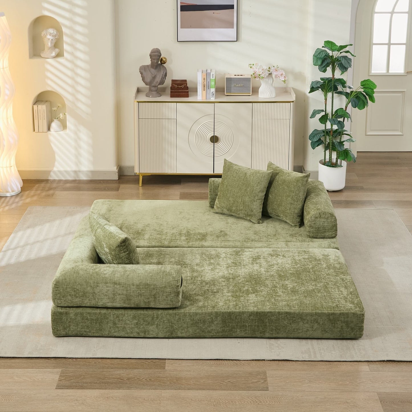 Comodo divano letto pieghevole trasformabile, divano letto da terra, divano da terra in ciniglia con braccioli, divano da terra