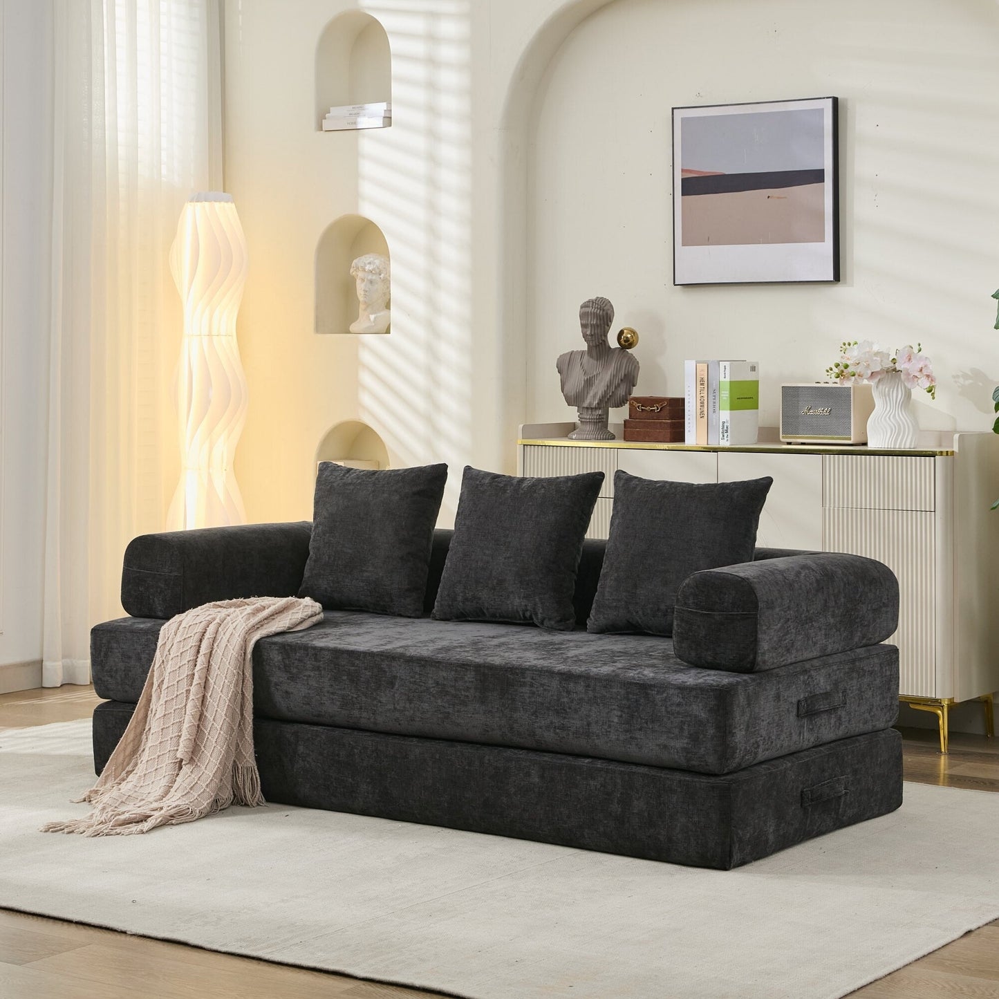 Comodo divano letto pieghevole trasformabile, divano letto da terra, divano da terra in ciniglia con braccioli, divano da terra