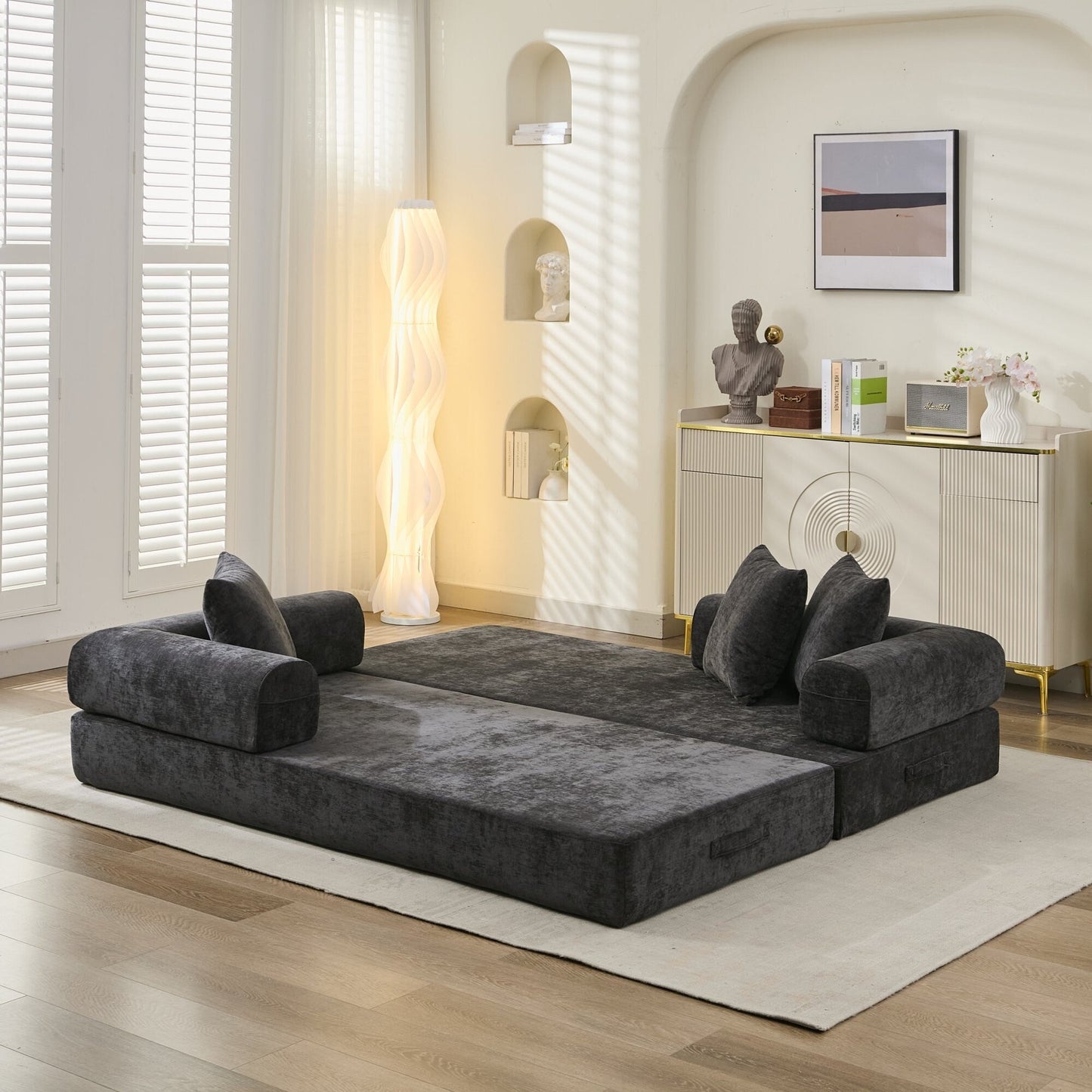 Comodo divano letto pieghevole trasformabile, divano letto da terra, divano da terra in ciniglia con braccioli, divano da terra