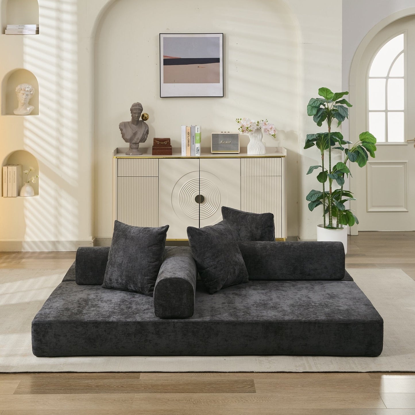 Comodo divano letto pieghevole trasformabile, divano letto da terra, divano da terra in ciniglia con braccioli, divano da terra