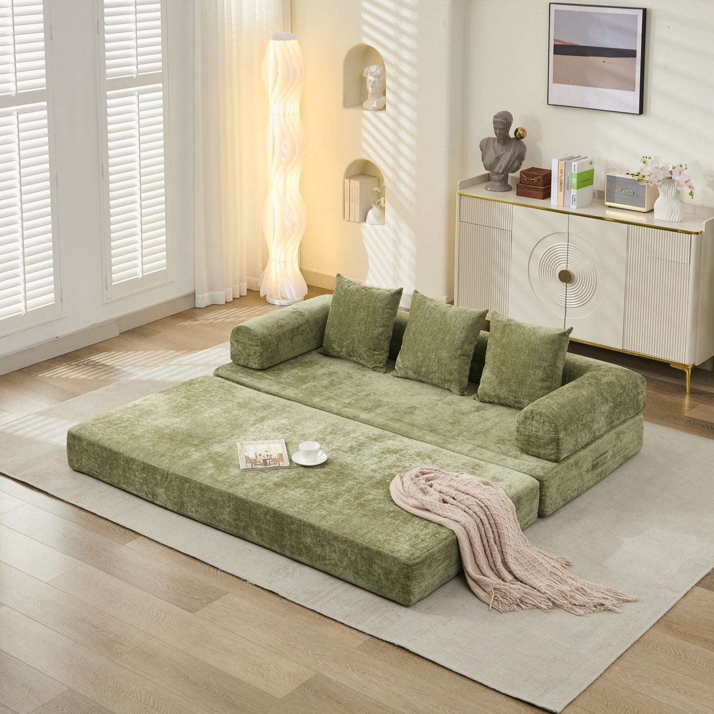 Comodo divano letto pieghevole trasformabile, divano letto da terra, divano da terra in ciniglia con braccioli, divano da terra