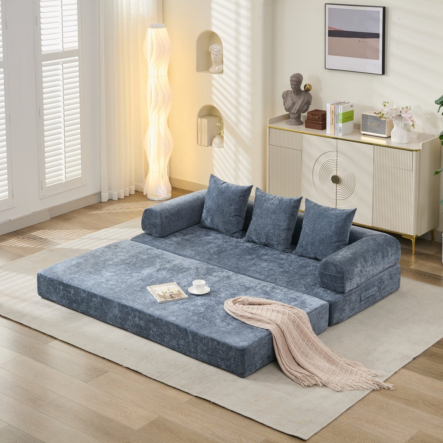 Divano letto pieghevole e trasformabile, comodo divano letto da terra, divano da terra in ciniglia con braccioli, divano da terra