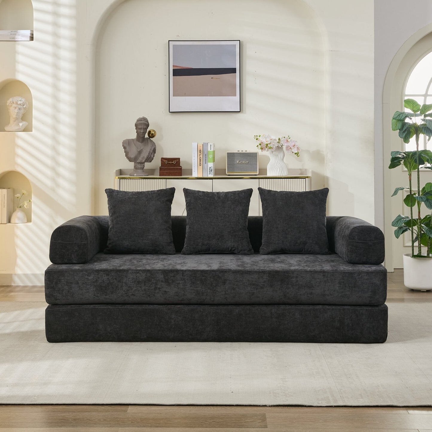Divano letto pieghevole e trasformabile, comodo divano letto da terra, divano da terra in ciniglia con braccioli, divano da terra