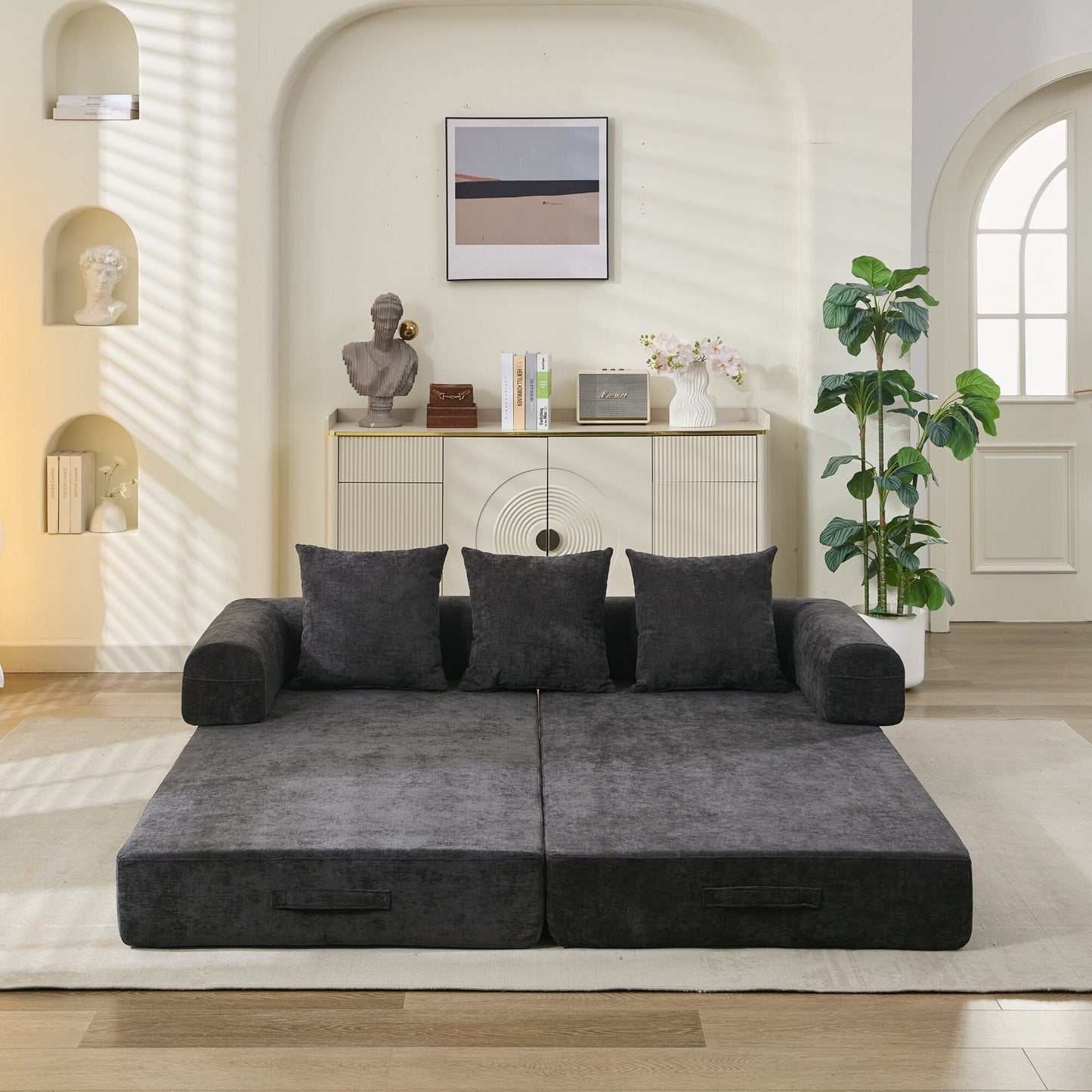Divano letto pieghevole e trasformabile, comodo divano letto da terra, divano da terra in ciniglia con braccioli, divano da terra