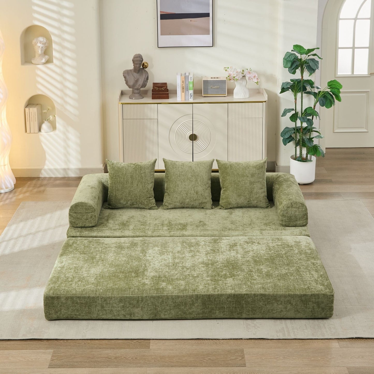 Divano letto pieghevole e trasformabile, comodo divano letto da terra, divano da terra in ciniglia con braccioli, divano da terra