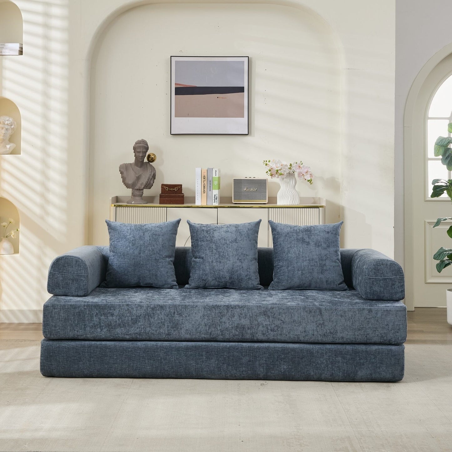 Divano letto pieghevole e trasformabile, comodo divano letto da terra, divano da terra in ciniglia con braccioli, divano da terra