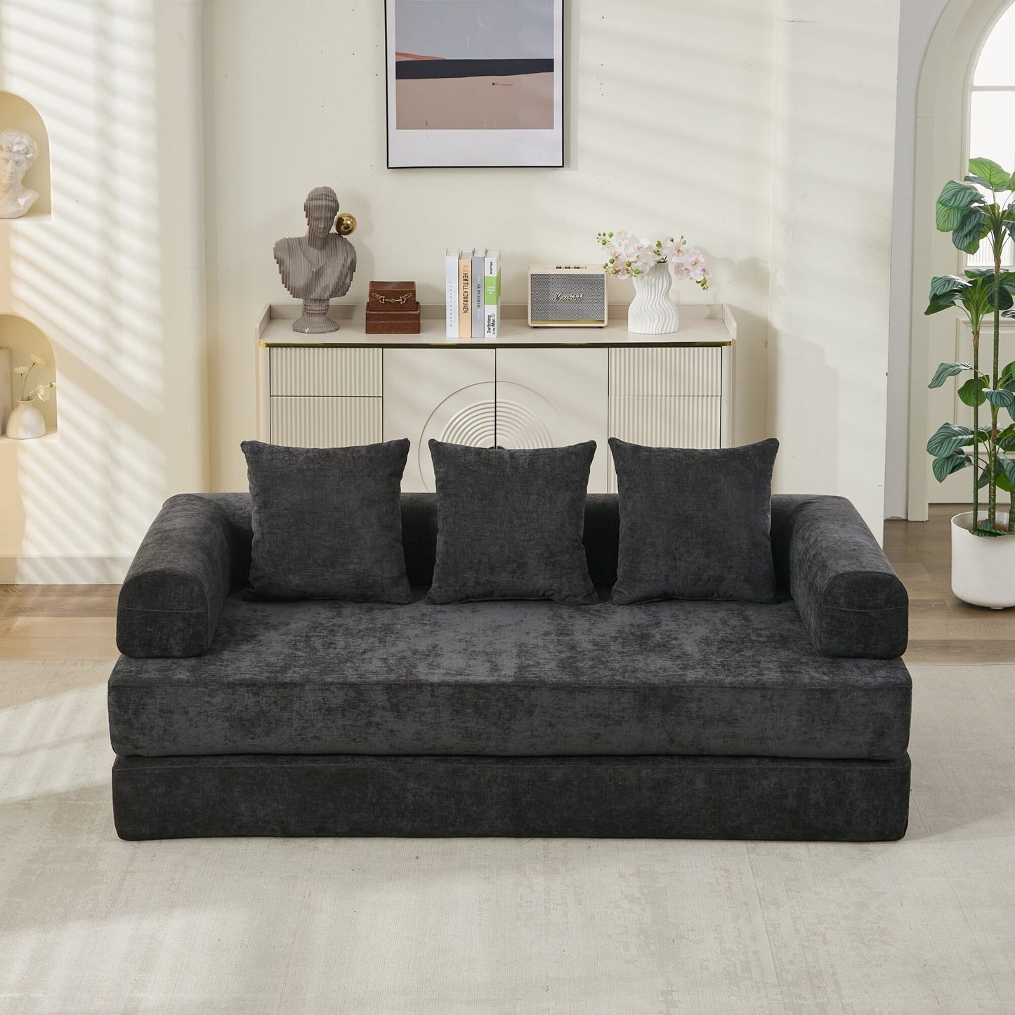 Divano letto pieghevole e trasformabile, comodo divano letto da terra, divano da terra in ciniglia con braccioli, divano da terra