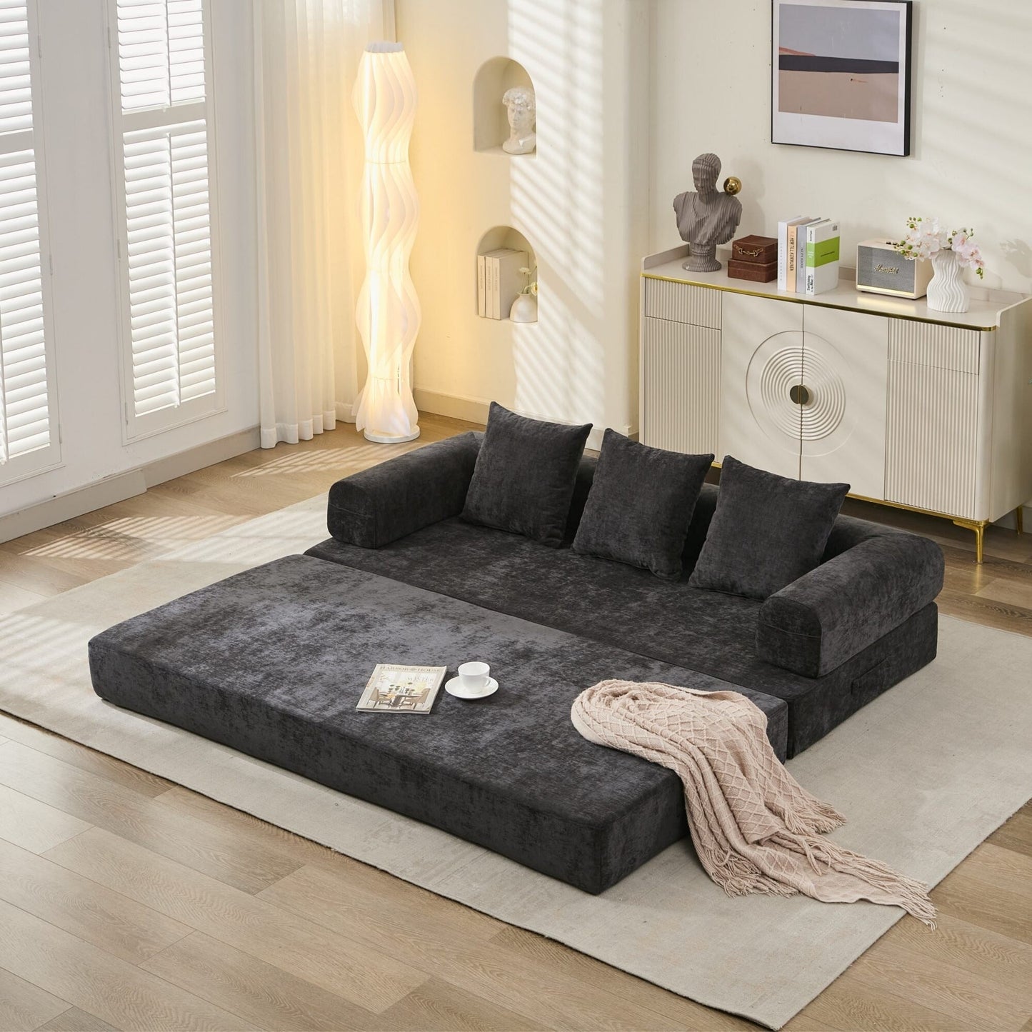 Divano letto pieghevole e trasformabile, comodo divano letto da terra, divano da terra in ciniglia con braccioli, divano da terra