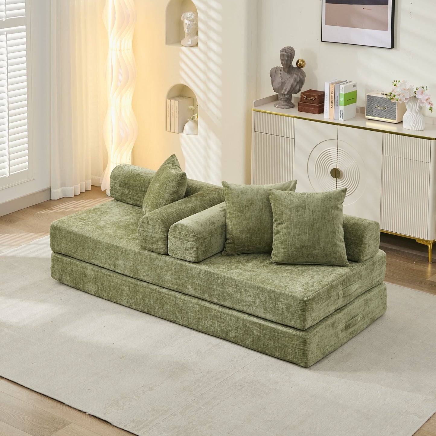 Divano letto pieghevole e trasformabile, comodo divano letto da terra, divano da terra in ciniglia con braccioli, divano da terra