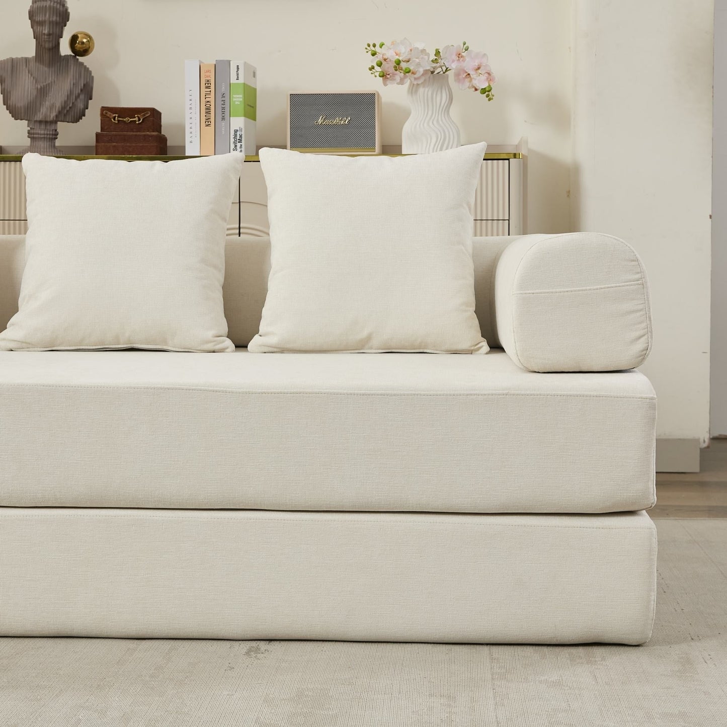 Divano letto pieghevole e trasformabile, comodo divano letto da terra, divano da terra in ciniglia con braccioli, divano da terra