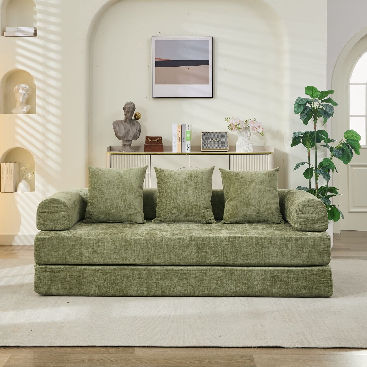 Divano letto pieghevole e trasformabile, comodo divano letto da terra, divano da terra in ciniglia con braccioli, divano da terra
