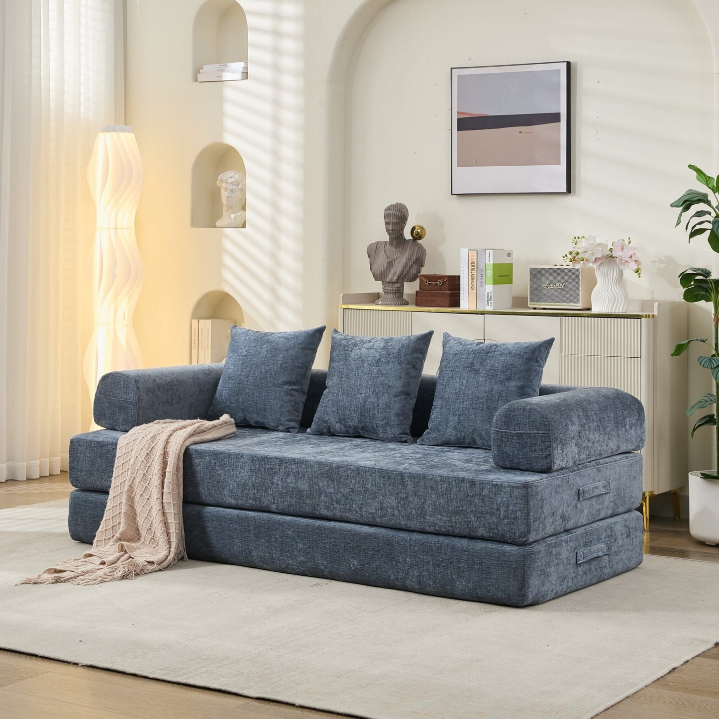 Divano letto pieghevole e trasformabile, comodo divano letto da terra, divano da terra in ciniglia con braccioli, divano da terra