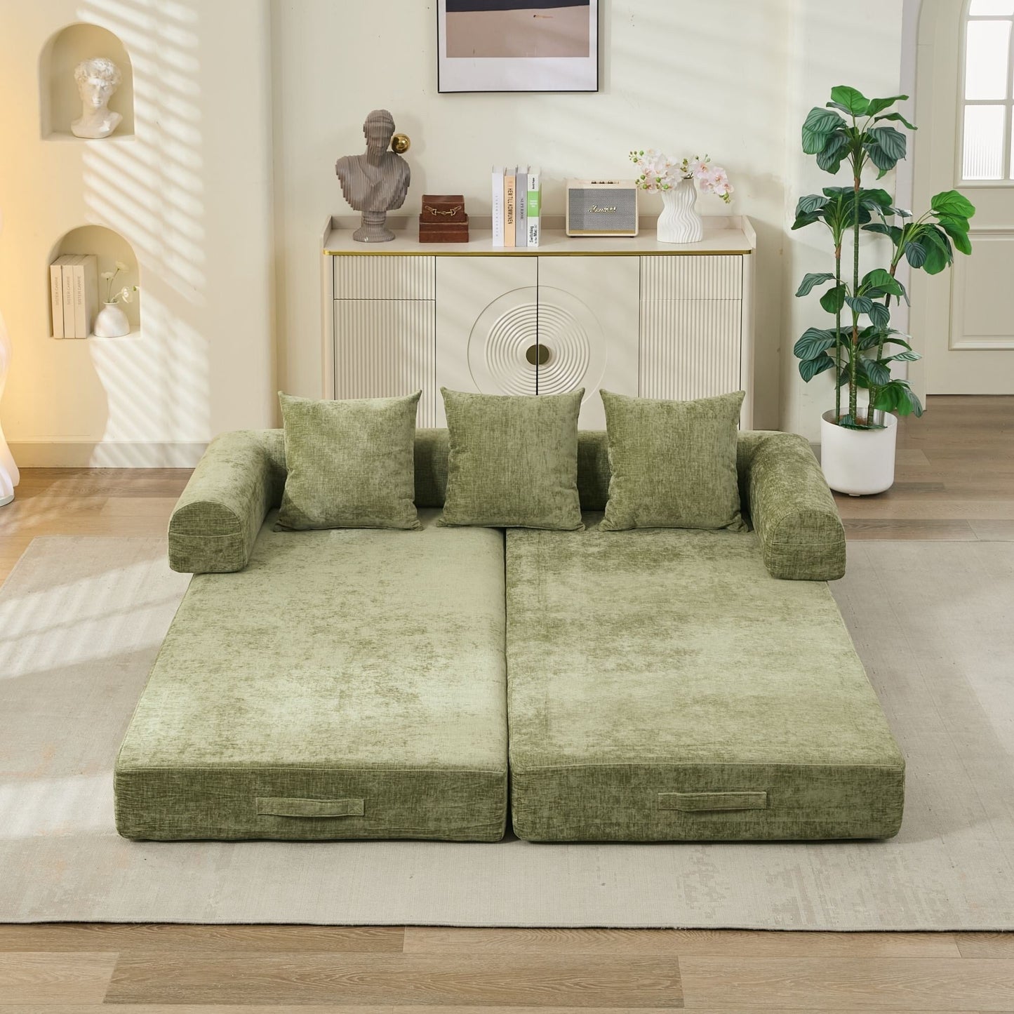 Divano letto pieghevole e trasformabile, comodo divano letto da terra, divano da terra in ciniglia con braccioli, divano da terra