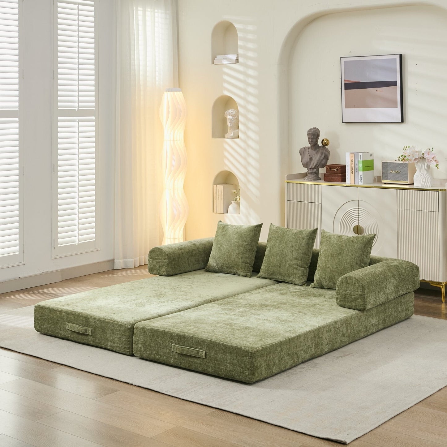 Divano letto pieghevole e trasformabile, comodo divano letto da terra, divano da terra in ciniglia con braccioli, divano da terra