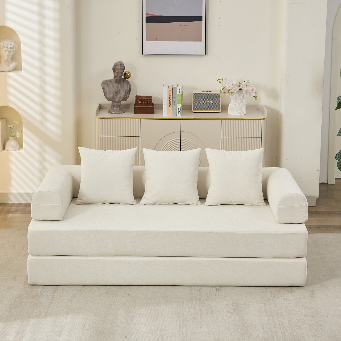 Divano letto pieghevole e trasformabile, comodo divano letto da terra, divano da terra in ciniglia con braccioli, divano da terra