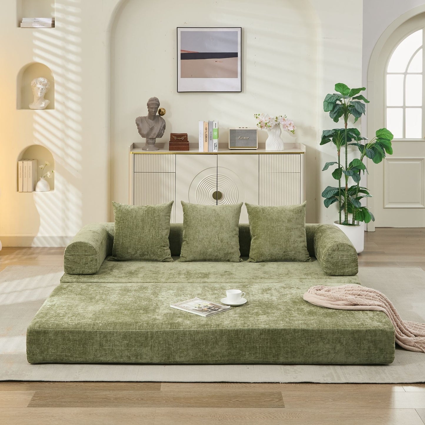 Divano letto pieghevole e trasformabile, comodo divano letto da terra, divano da terra in ciniglia con braccioli, divano da terra
