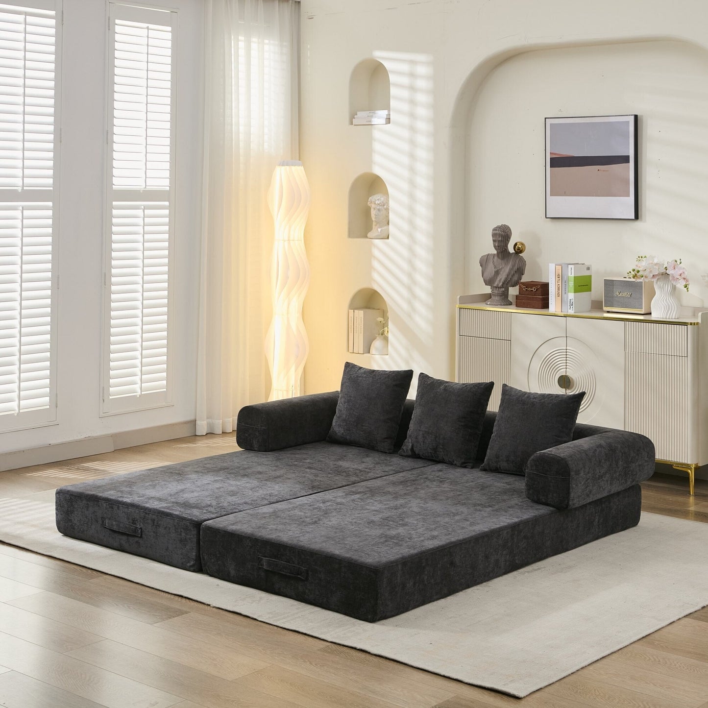Divano letto pieghevole e trasformabile, comodo divano letto da terra, divano da terra in ciniglia con braccioli, divano da terra