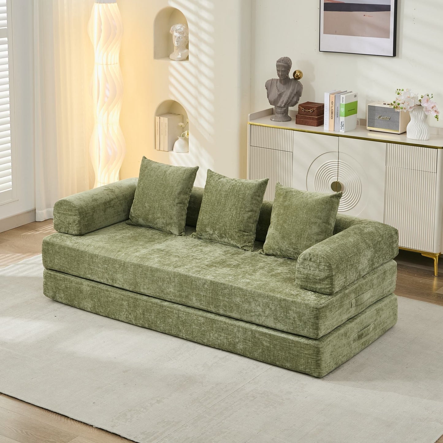 Divano letto pieghevole e trasformabile, comodo divano letto da terra, divano da terra in ciniglia con braccioli, divano da terra