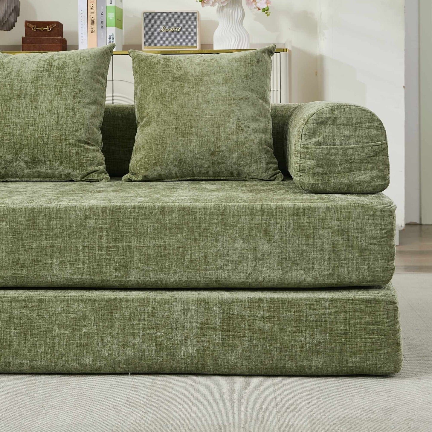 Divano letto pieghevole e trasformabile, comodo divano letto da terra, divano da terra in ciniglia con braccioli, divano da terra