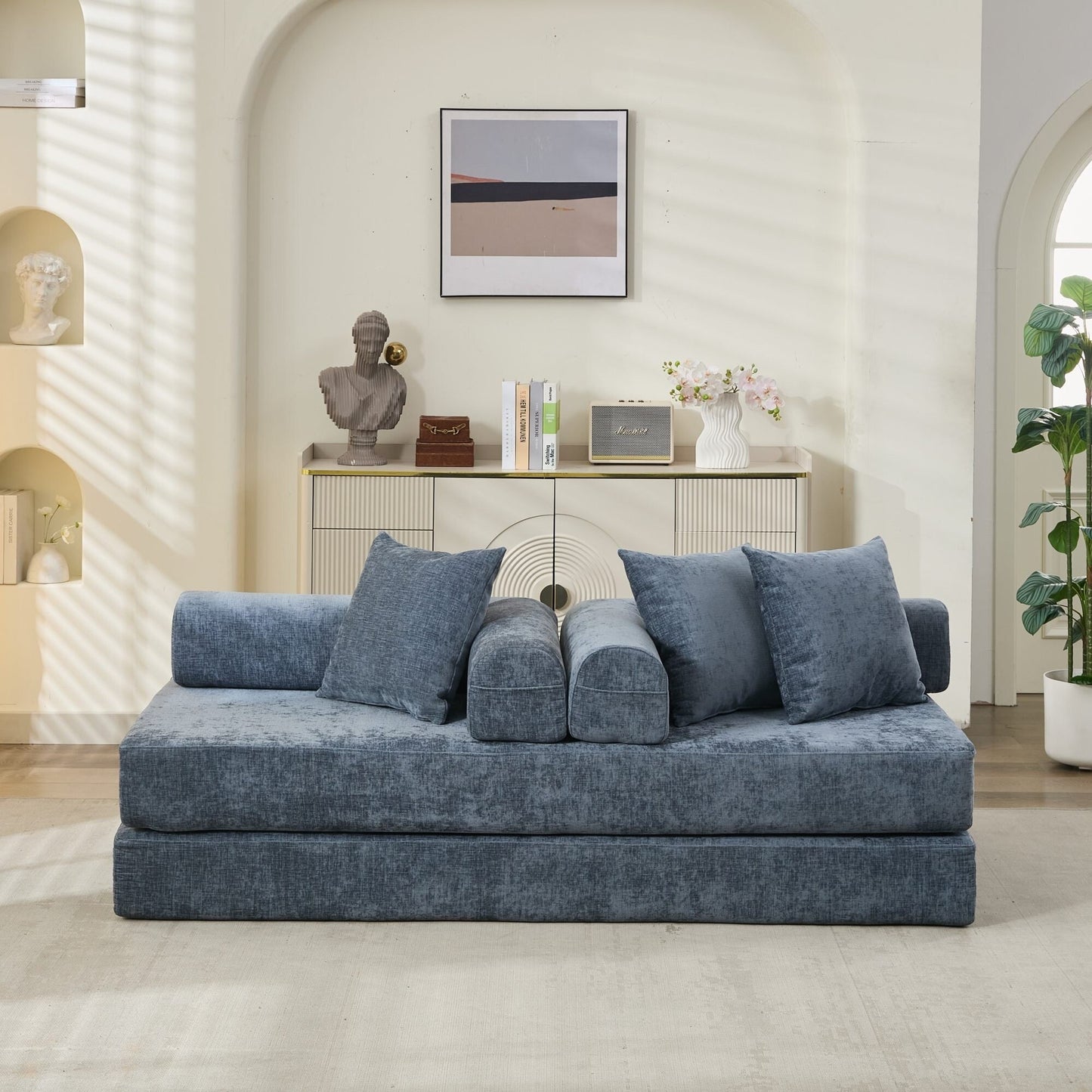 Divano letto pieghevole e trasformabile, comodo divano letto da terra, divano da terra in ciniglia con braccioli, divano da terra
