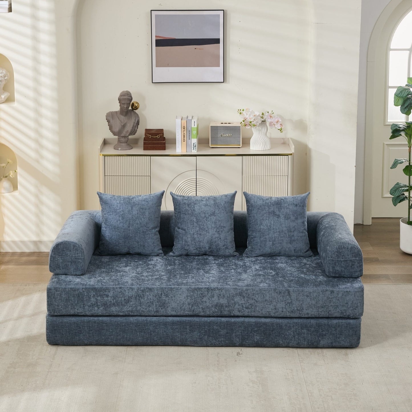 Divano letto pieghevole e trasformabile, comodo divano letto da terra, divano da terra in ciniglia con braccioli, divano da terra