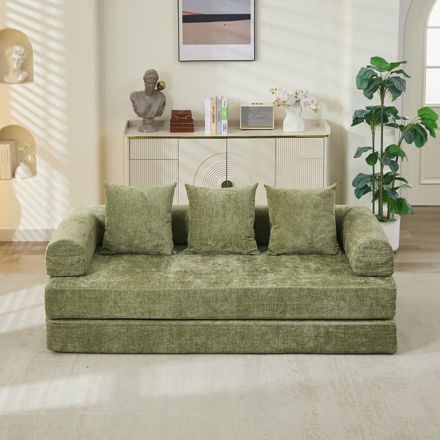 Divano letto pieghevole e trasformabile, comodo divano letto da terra, divano da terra in ciniglia con braccioli, divano da terra