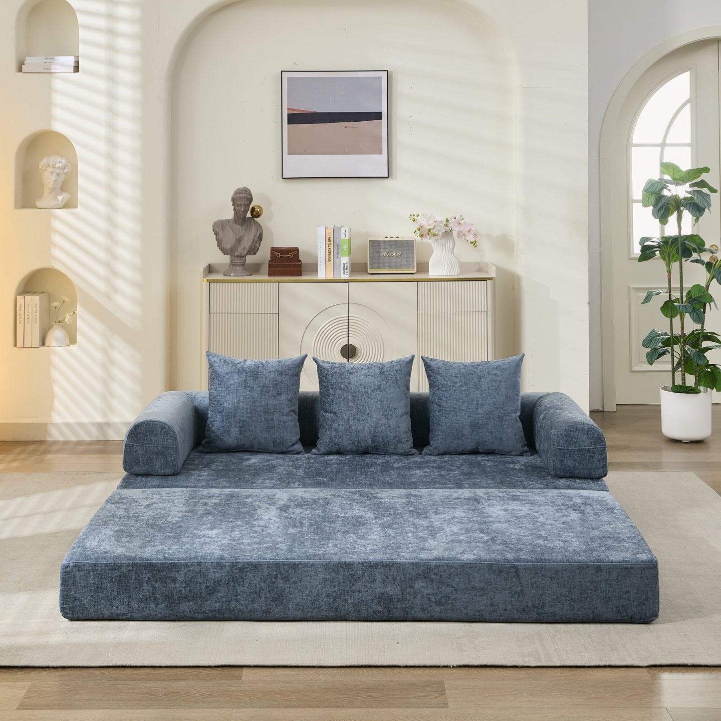 Divano letto pieghevole e trasformabile, comodo divano letto da terra, divano da terra in ciniglia con braccioli, divano da terra