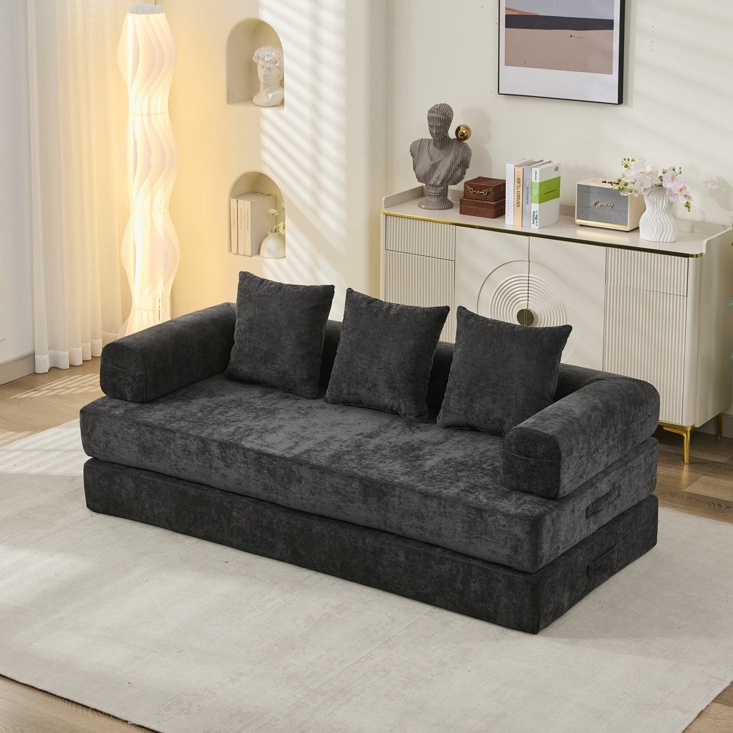 Divano letto pieghevole e trasformabile, comodo divano letto da terra, divano da terra in ciniglia con braccioli, divano da terra