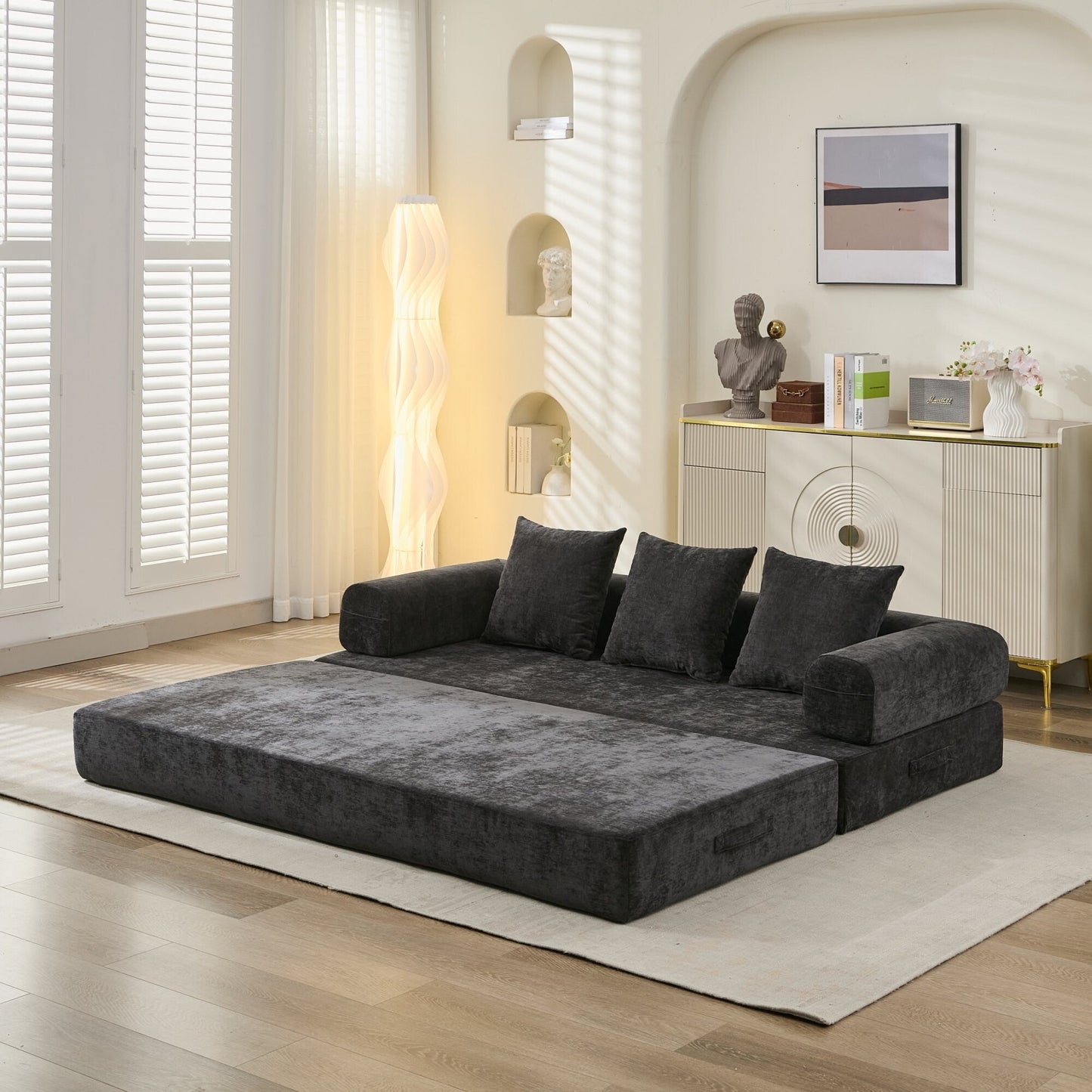 Divano letto pieghevole e trasformabile, comodo divano letto da terra, divano da terra in ciniglia con braccioli, divano da terra