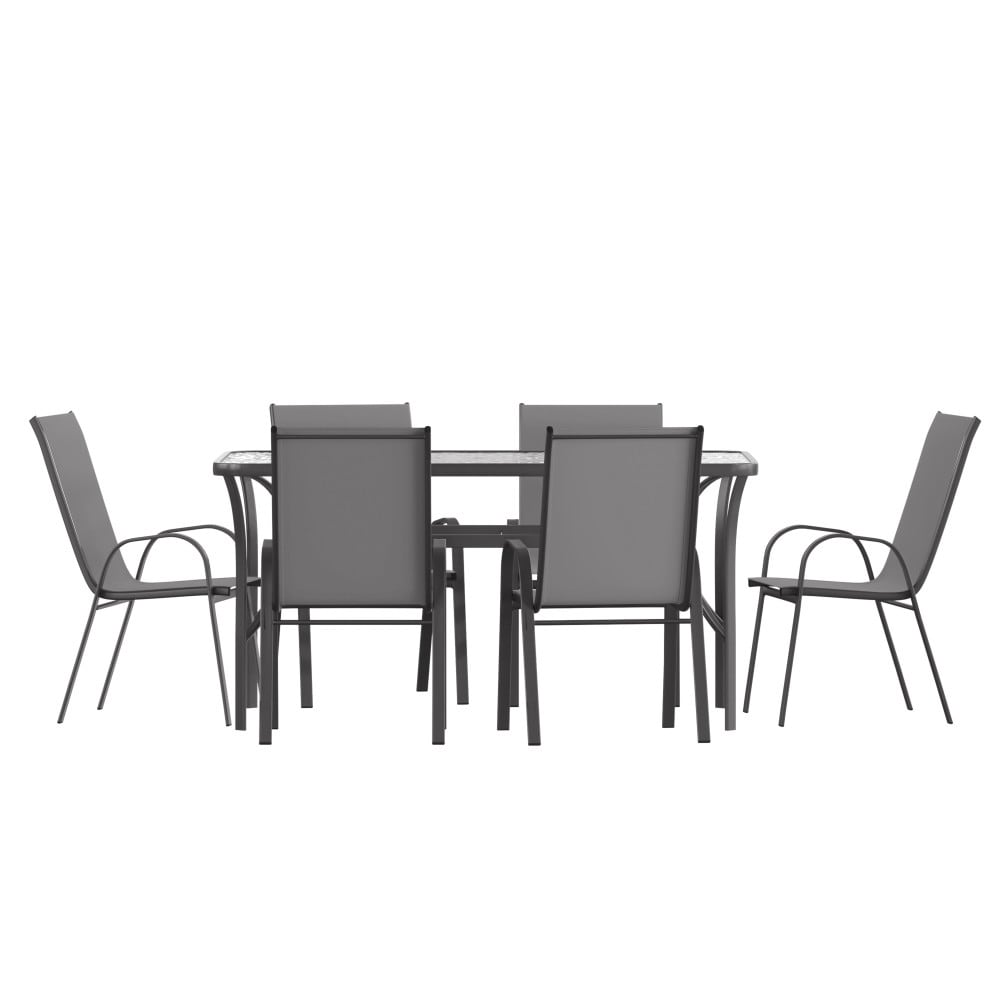 Set da pranzo per esterni commerciale da 7 pezzi con tavolo in vetro e 6 sedie