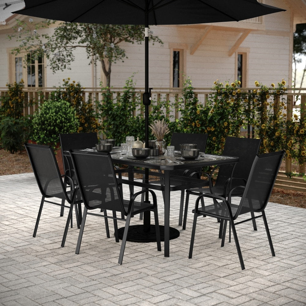 Set da pranzo per esterni commerciale da 7 pezzi con tavolo in vetro e 6 sedie