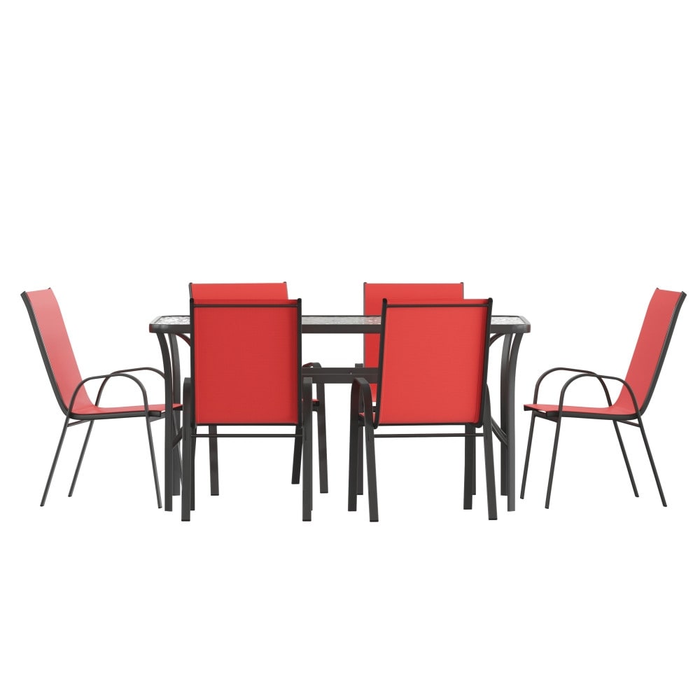 Set da pranzo per esterni commerciale da 7 pezzi con tavolo in vetro e 6 sedie