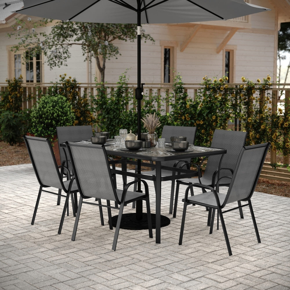 Set da pranzo per esterni commerciale da 7 pezzi con tavolo in vetro e 6 sedie