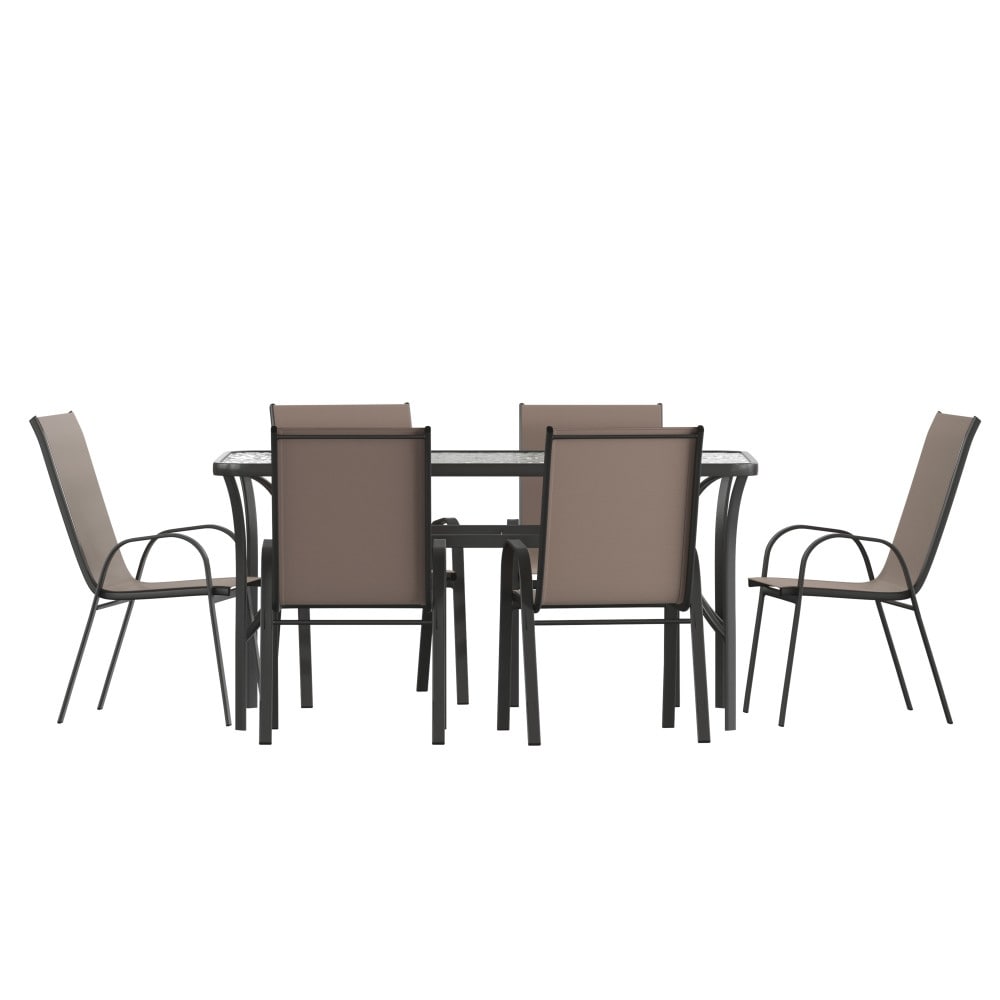 Set da pranzo per esterni commerciale da 7 pezzi con tavolo in vetro e 6 sedie
