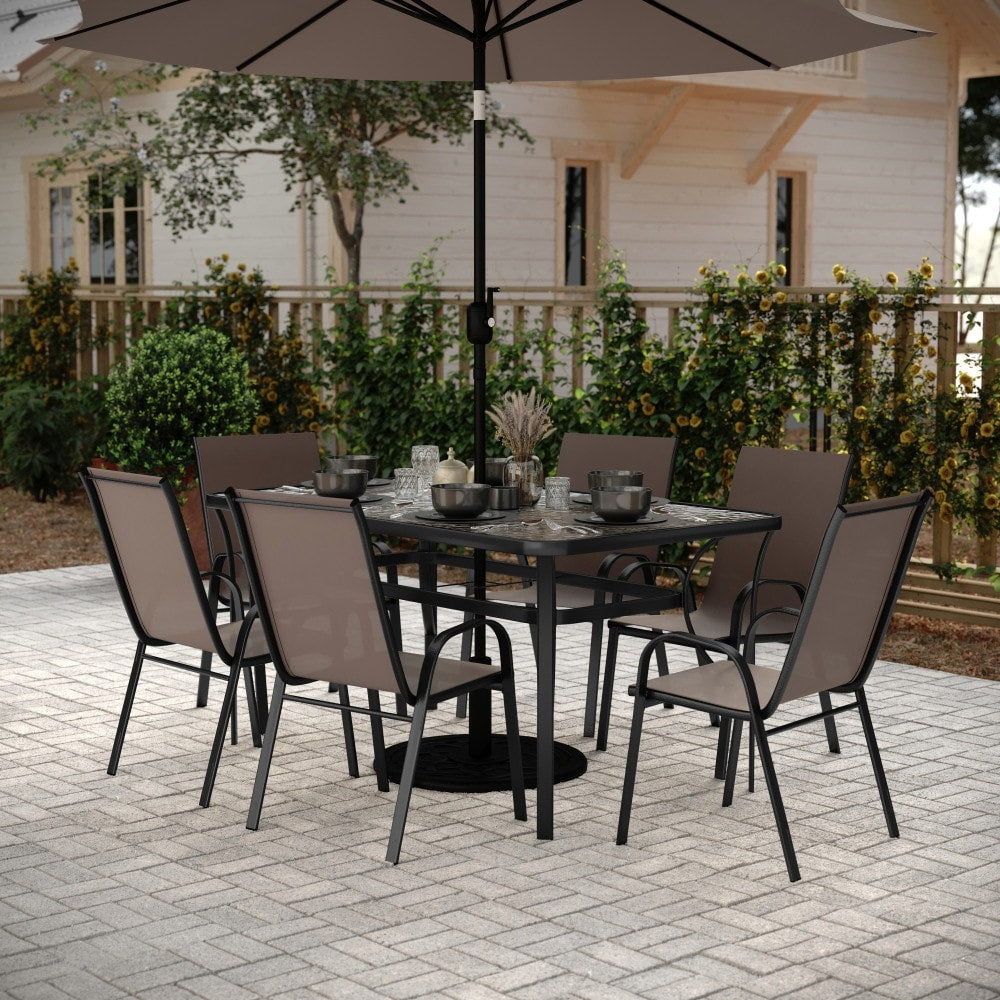 Set da pranzo per esterni commerciale da 7 pezzi con tavolo in vetro e 6 sedie