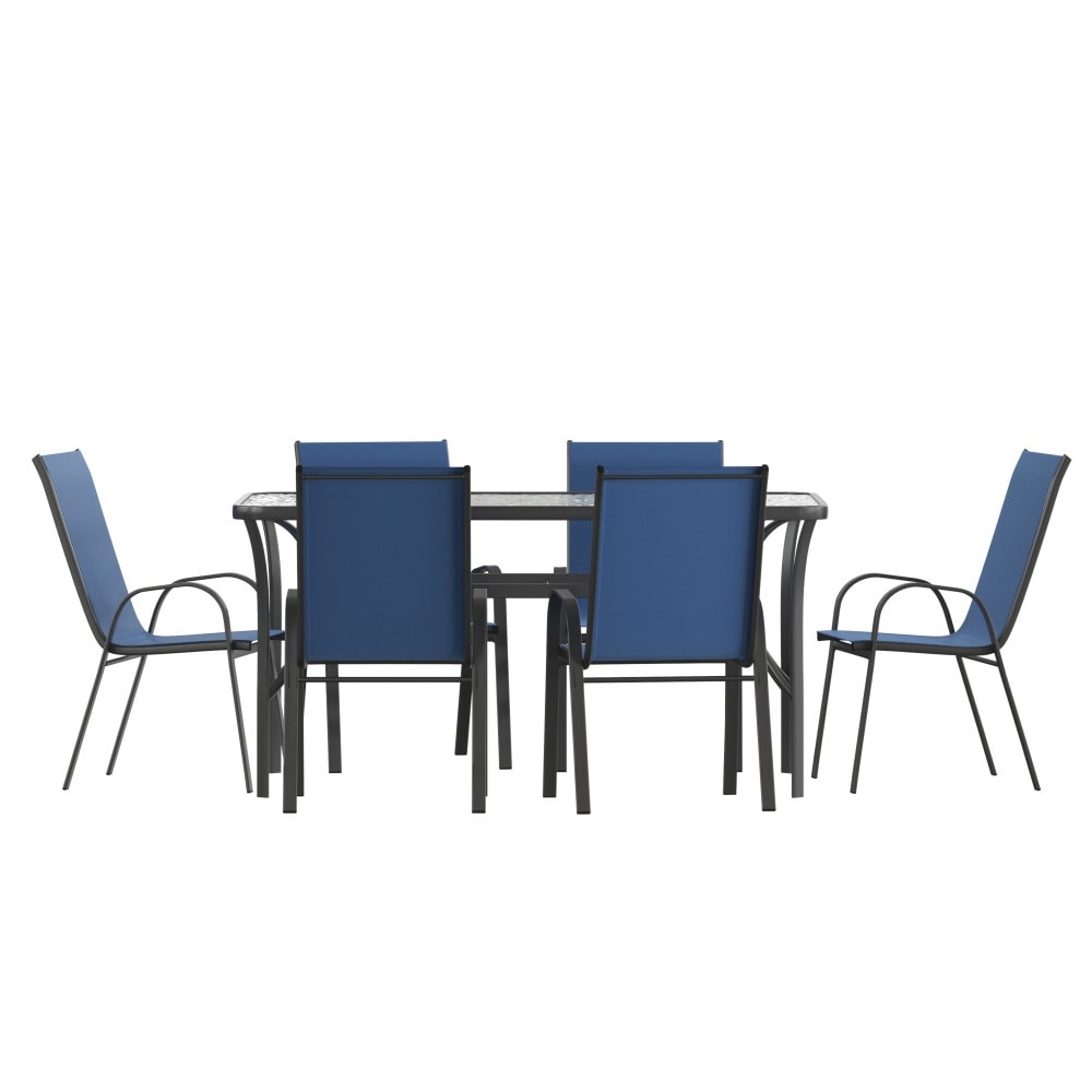 Set da pranzo per esterni commerciale da 7 pezzi con tavolo in vetro e 6 sedie
